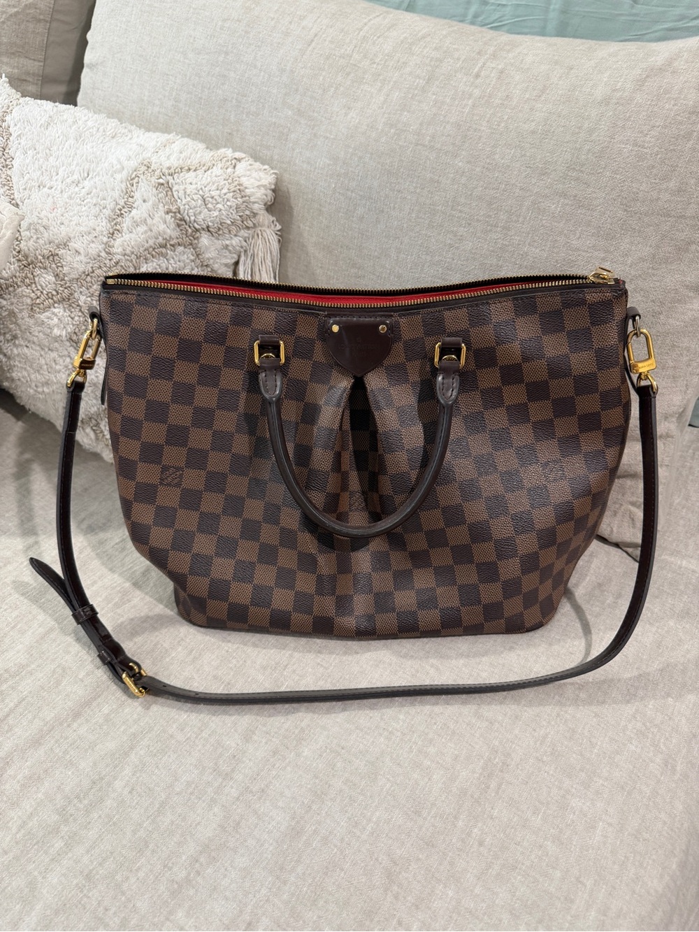 Louis Vuitton Damier Ebene Tote with Red Accent